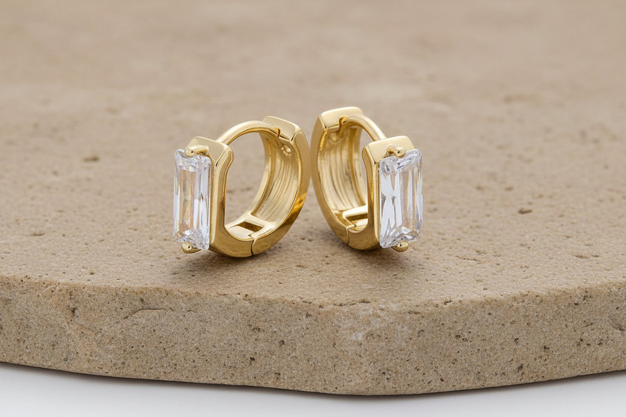 Clear Baguette Huggies Earrings