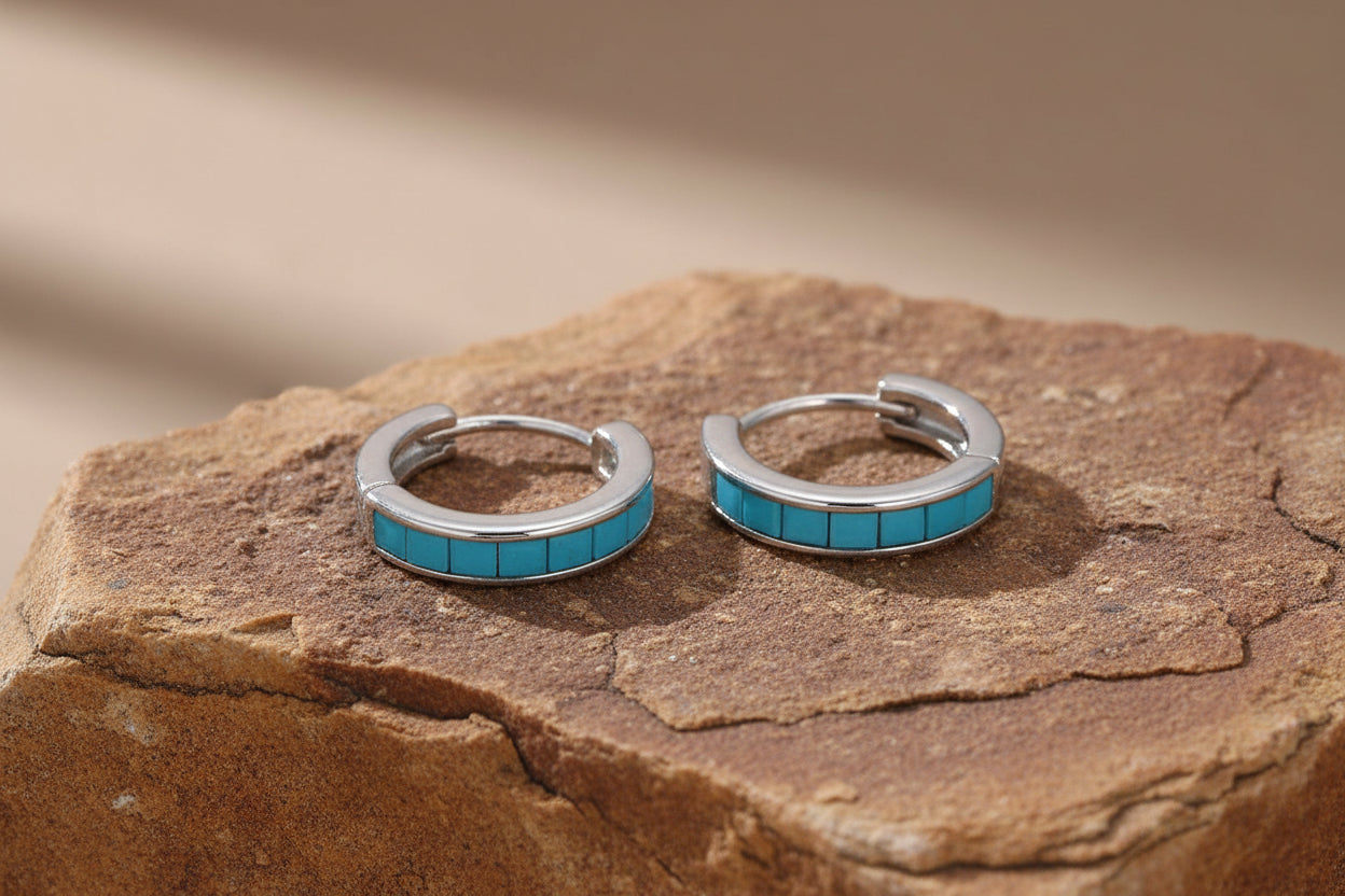 Turquoise Square Stone Huggies in Silver