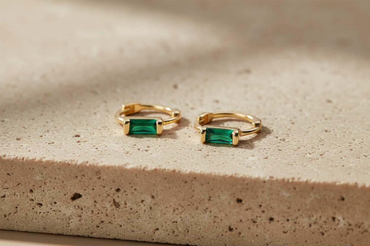 Green Baguette Gemstone Huggies