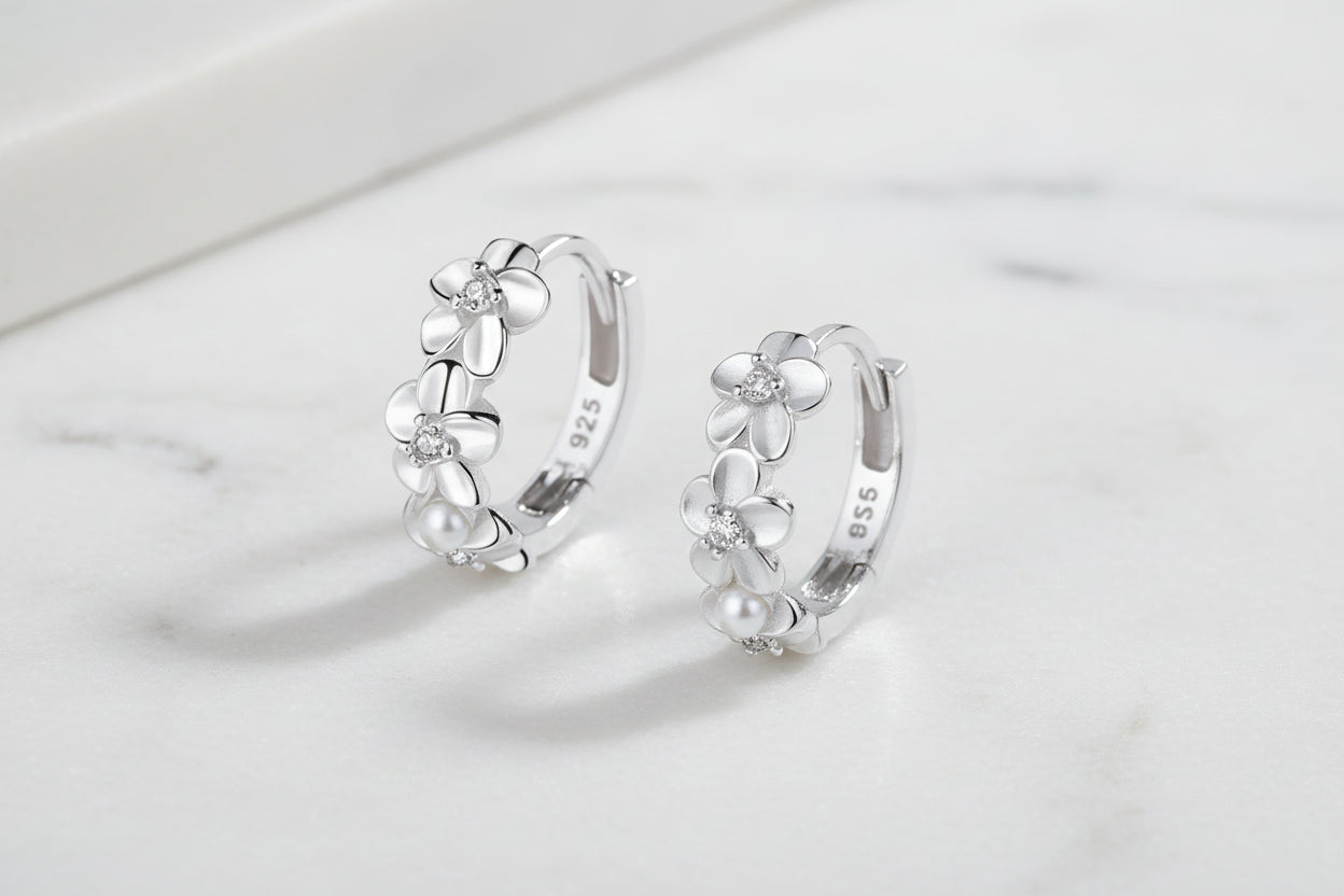 Flower Petal Huggies in Silver