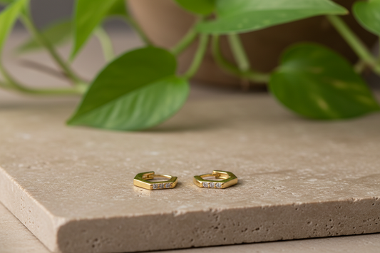 Paved Hexagon Huggies in Gold