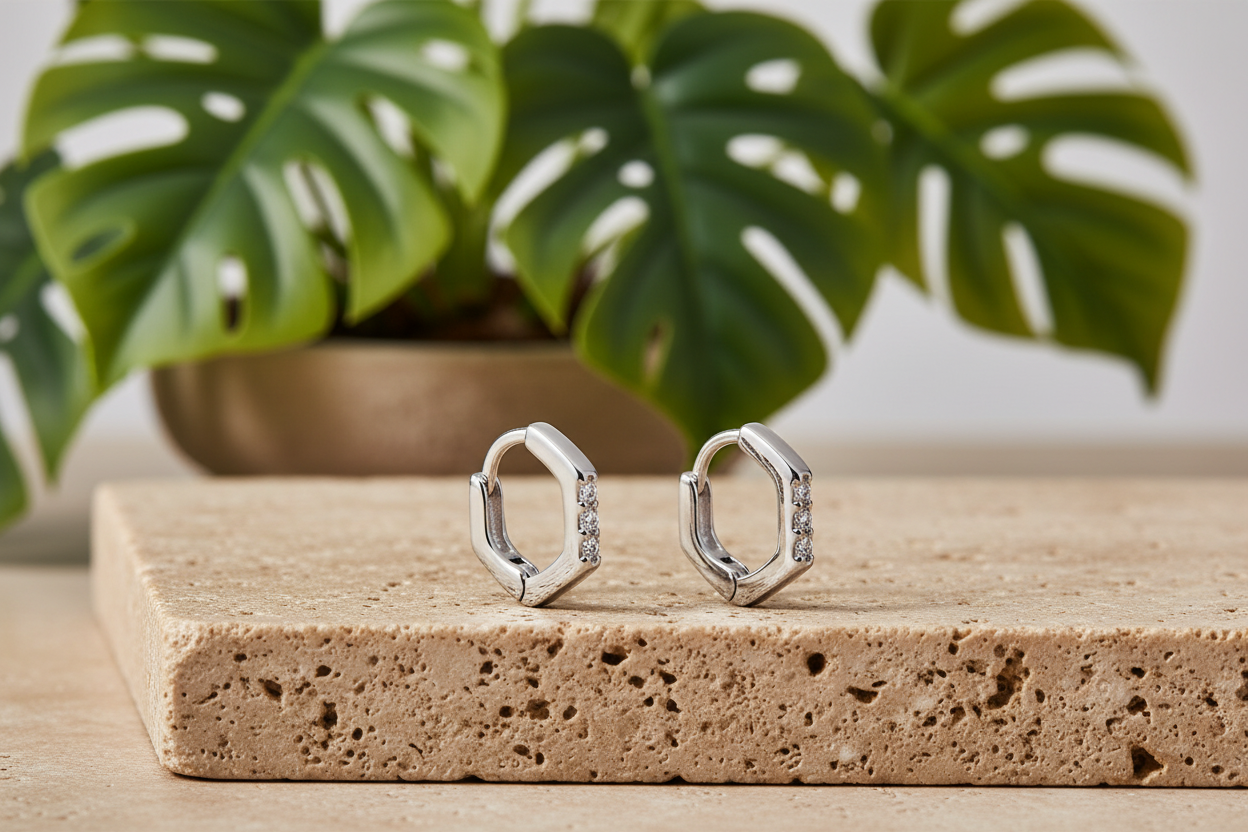 Paved Hexagon Huggies in Silver