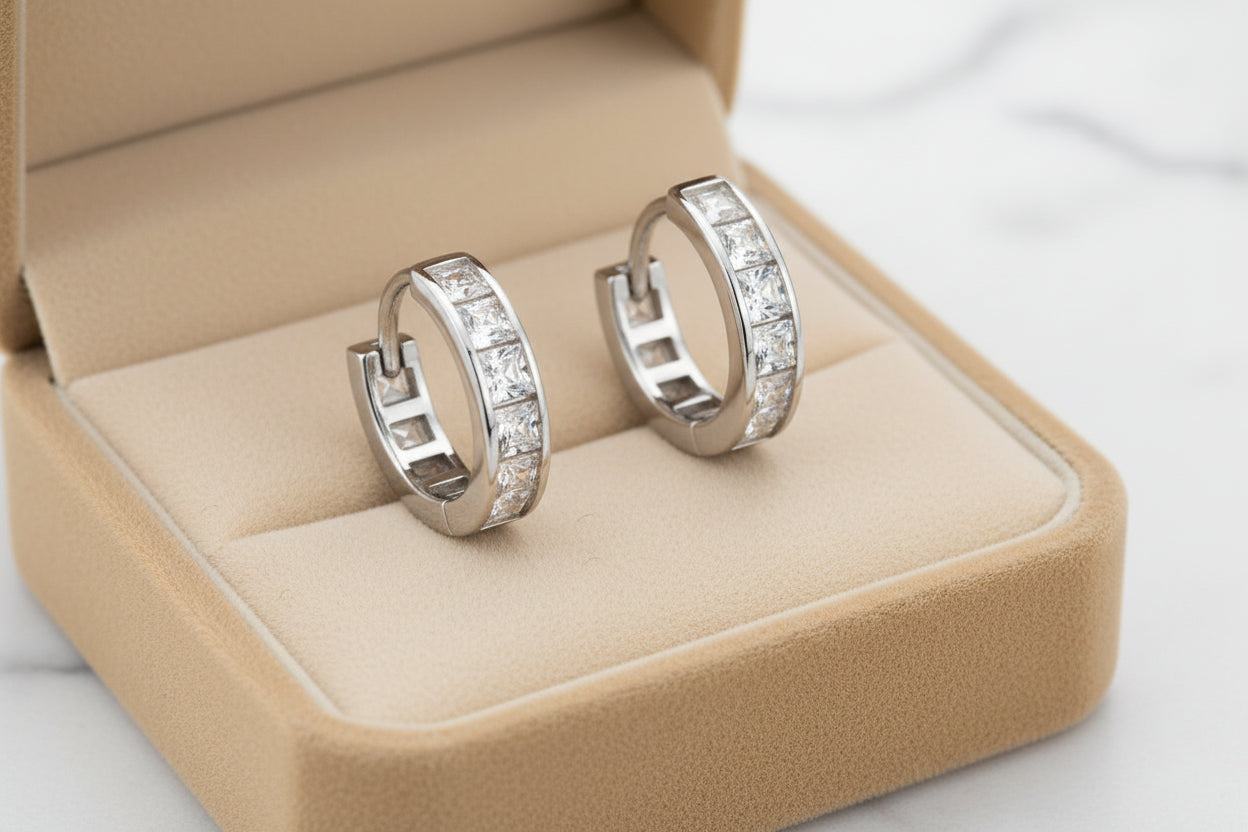 Flat Gem Paved Huggies in Silver